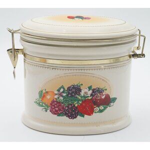 Vintage Knotts Berry Farm Foods Ceramic Canister w/ Metal Clamp Lid Fruit Motif